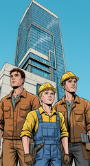 Fototapeta premium Young foremen are looking ahead with a building behind them