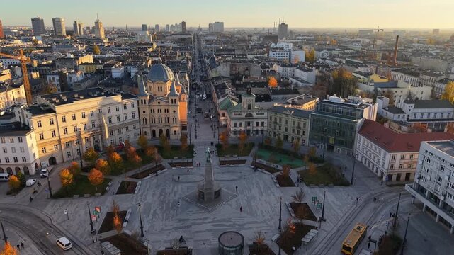 The city of Ł&oacute;dź - view of Freedom Square. Lodz, Poland.	