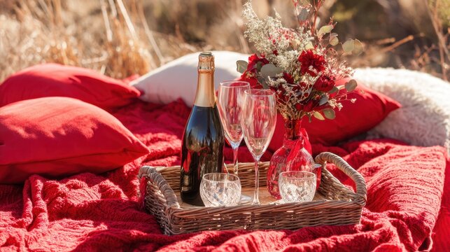 Relax and celebrate with a charming picnic featuring champagne flowers and soft pillows.