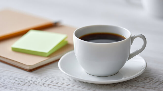 White ceramic cup filled with black coffee on a saucer next to a notebook, pencil, and sticky notes on a light wooden table