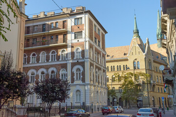 Buildings at Hold and Alkotmány streets intersection in Budapest, Hungary.