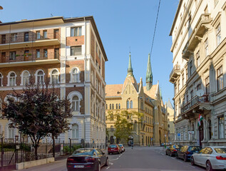 Buildings at Hold and Alkotmány streets intersection in Budapest, Hungary.