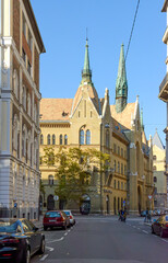 View towards First Unitarian Church from Hold street, Budapest, Hungary.