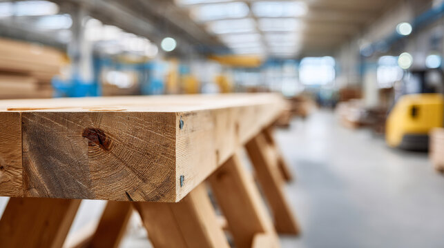 Close-up of wooden beam on sawhorses in a bright industrial woodworking workshop with blurred background