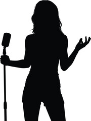 Silhouette, female performer, microphone stand, singing, speaking, stage presence, concert, entertainment, public speaking, gesture, shorts, sleeveless, dramatic pose