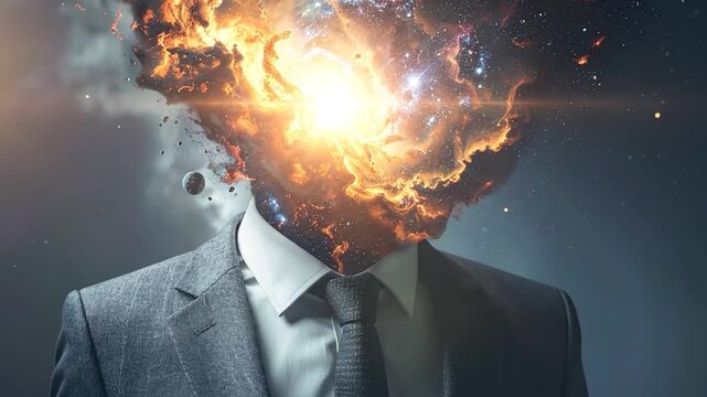 A businessman's head explodes into a cosmic nebula, symbolizing overwhelming thoughts and creative ideas