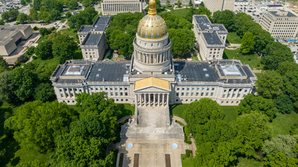 Aerial View of the West Virginia State Capitol in Charleston with Lush Surroundings