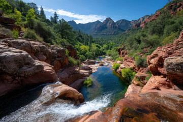 Scenic view of a river flowing through red rocks and greenery in the mountains