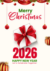 Merry Christmas, Happy New Year 2026 Poster Template, Holiday Gift Box Vector Greeting Card Design, Elegant 2026 Christmas, New Year Celebration Banner, Festive Red and Green Xmas Present Background