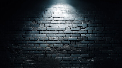 Illuminated brick wall with a central spotlight creating a bright focal point and dark, moody shadows on the rough, textured surface