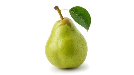 A single green pear with a leaf isolated on white background