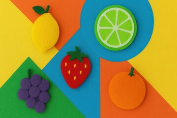 Vibrant geometric arrangement of artificial fruits on a playful colored backdrop