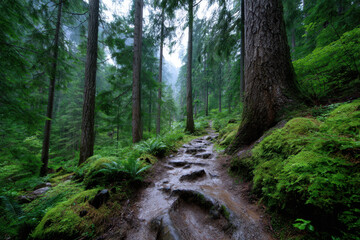 Obraz premium Exploring a lush forest trail on a misty morning in the heart of nature's beauty