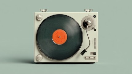 Fototapeta premium Bright orange record spins on a vintage turntable evoking a sense of timeless music enjoyment.