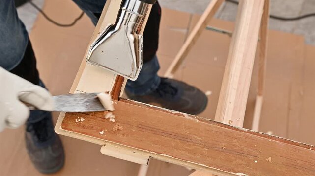 Carpenter using heat gun and wood scraper removes paint from old wooden window. Construction industry, carpentry. Restoration. Footage.