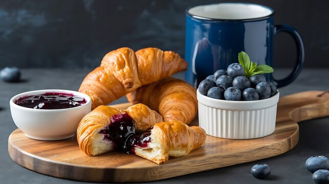 Freshly baked croissants with blueberry jam and coffee