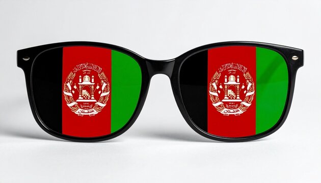 &ldquo;Black sunglasses with lenses displaying Afghan flag featuring black, red, and green vertical stripes and white national emblem&rdquo;