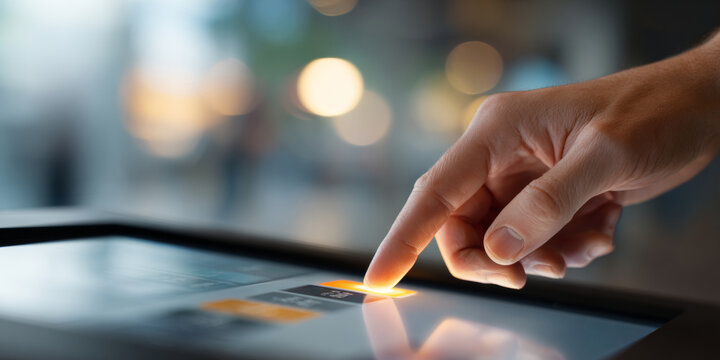 Close-up of human finger touching illuminated button on digital touchscreen device with blurred background and bokeh lights