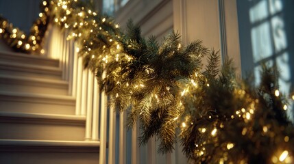 Christmas garland with fairy lights on staircase,