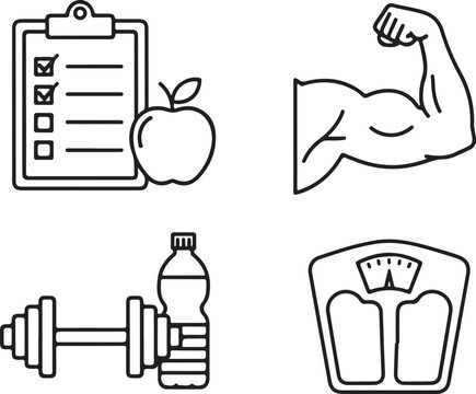 Health, fitness, and diet black line icons set for healthy life