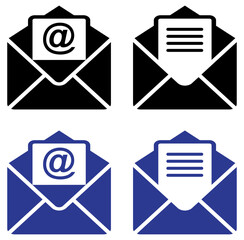 Email envelope icon set vector, Open Envelope Mail Vector Icons, Envelope Email Icon Set, Email address envelope icon filled outline, Letter mail with at symbol vector icon.