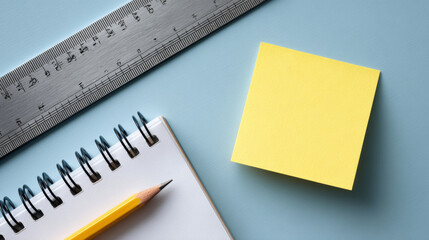 Close-up of blank yellow sticky note, spiral notebook with pencil, and metal ruler on blue surface for or school use
