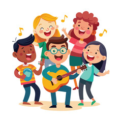 Cartoon of children playing guitar in a group