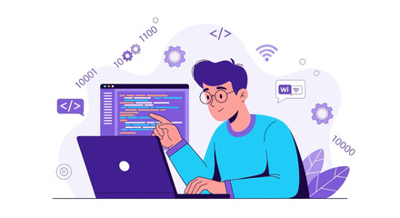 A Young Programmer Focusing On Coding With Laptop Screen Digital Concept Illustration