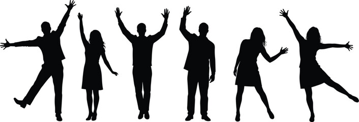 Silhouette, people, joyful, celebration, teamwork, unity, expressive, pose, black, white, dancing, greeting, energy, diversity, fun, motion, abstract, minimalist, standing, human