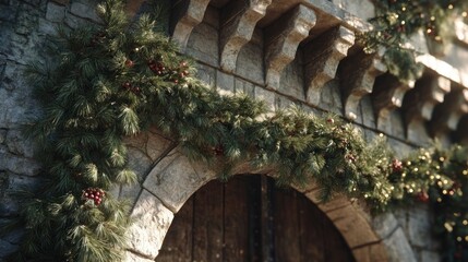 Christmas garland wrapped around old stone gate,