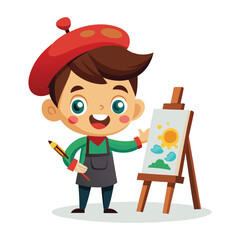 Cartoon child artist painting with brush and palette