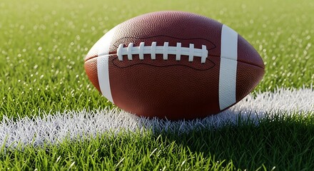 Close up of a football sitting on green grass field next to a white line ready for a game