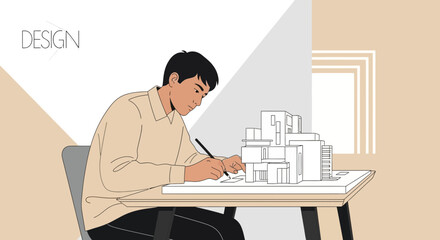 Architect Designing Modern Home: Conceptual Illustration of Architectural Blueprint Drafting