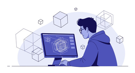 Architect Working on 3D Modeling Design of Architectural Blueprints on Computer Screen