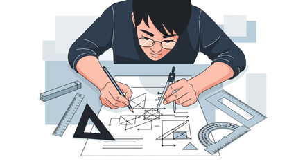 Architect Working on Architectural Plan with Compass and Geometric Shapes