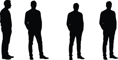 Silcasual, black and white, minimal, relaxed, modern, male figure, shadow, side view, front view, three quarter, hands in pockets, stylish, anonymous, lifestyle, contrast