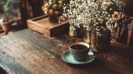 A steaming cup of coffee rests on a wooden table next to fresh flowers creating a warm atmosphere.