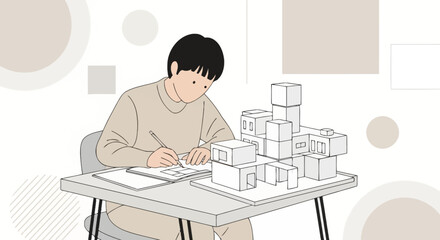 Architect Working on Sketches and Architectural Model Designs for a New Project