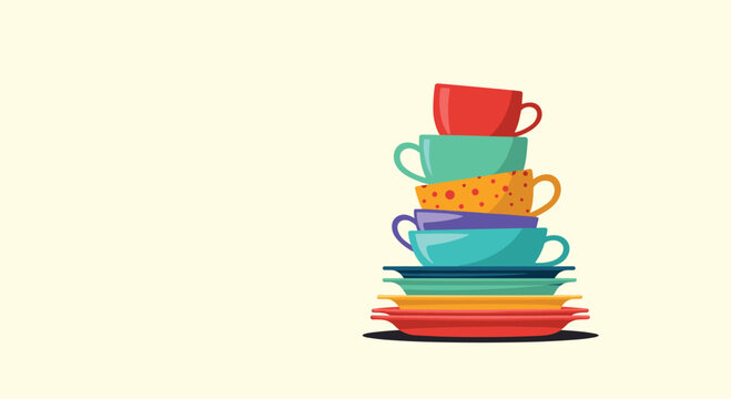 A colorful stack of cups and saucers against a light-yellow background.