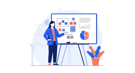 Business Presentation: A Woman Presenting Strategic Charts and Insightful Data Analysis