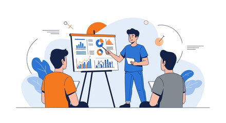 Business Presentation Depicting Data Analysis And Team Collaboration With Visuals On The Screen