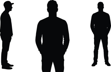 Silhouette, standing, people, posture, fashion, urban, casual, male, trio, black, white, minimal, pose, cap, front, side, relaxed, modern, youth, style