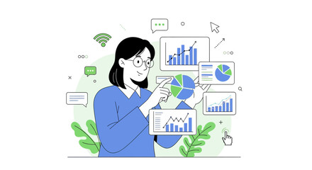 Businesswoman Analyzing Financial Data, Exploring Charts and Analytical Reports Creatively