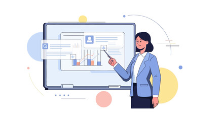 Businesswoman Presenting Data Analysis On Interactive Display During A Meeting Presentation