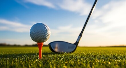 Golf Club Ready to Strike the Ball on Tee in Sunny Field