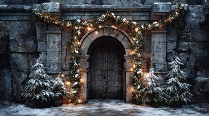 Christmas garland wrapped around old stone gate,