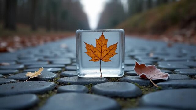 Autumn leaf frozen in ice on a path 
