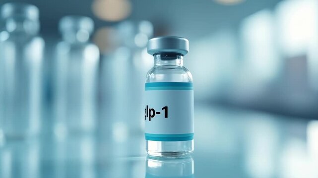 a vial labeled glp-1 stands prominently on a reflective surface with a blurred laboratory background, suggesting pharmaceutical research or medical treatment. 