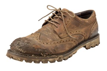 A single dirty brown leather brogue shoe caked in wet mud, isolated on a clean white background, symbolizing a long journey or hard work