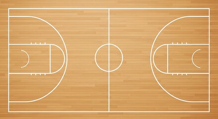Top View of an Empty Wooden Basketball Court Ready for a Game